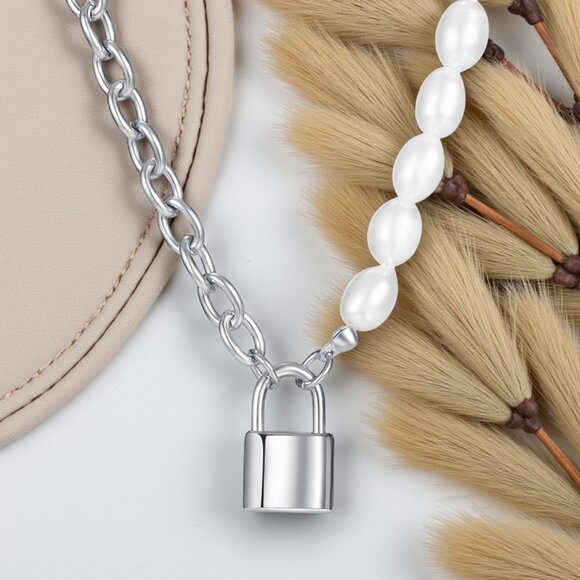 🆕18K White Gold Plated Chain Necklace with Padlock Charm & Freshwater Pearls - Picture 1 of 9
